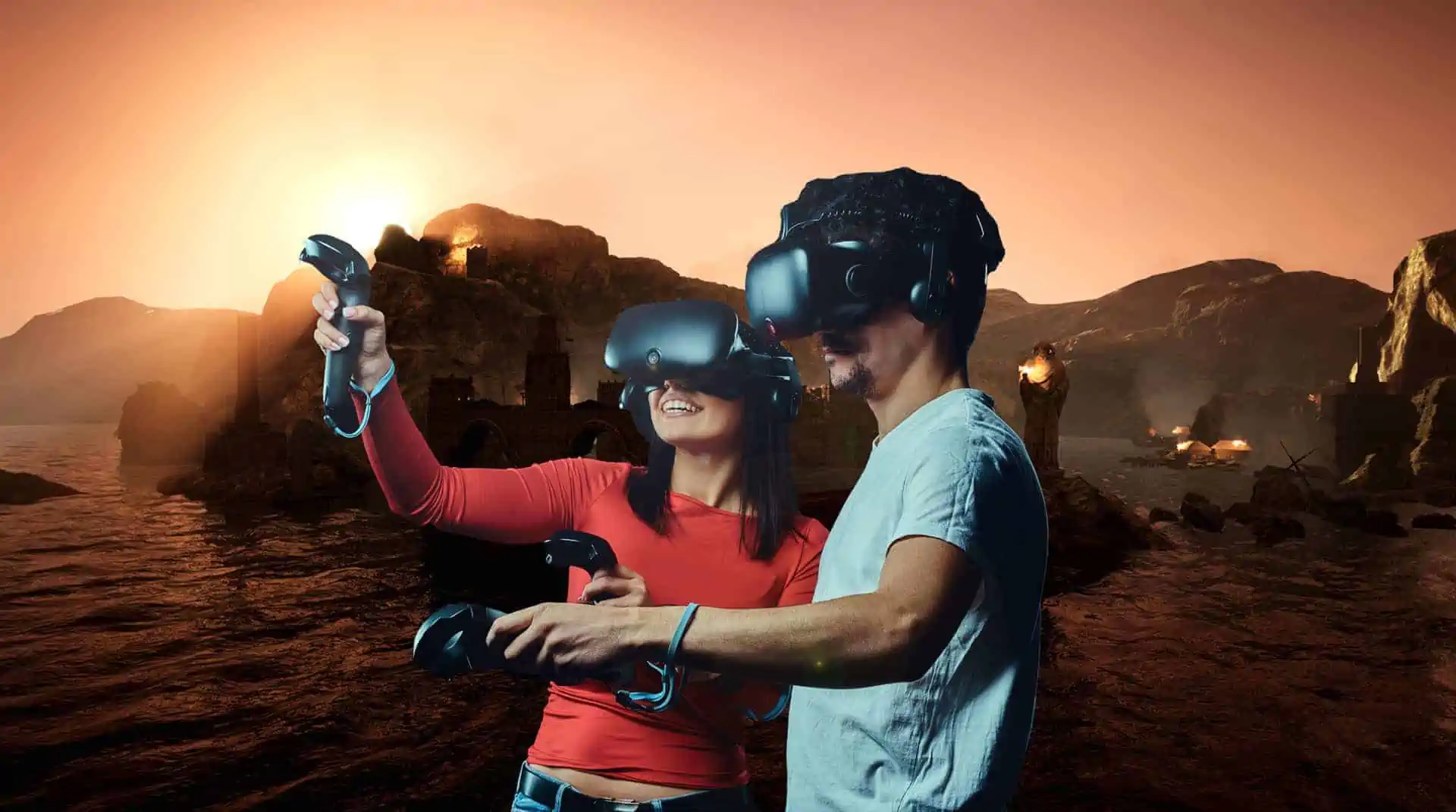 Poster horizontal avec deux joueurs en train de jouer à de la réalité virtuelle
