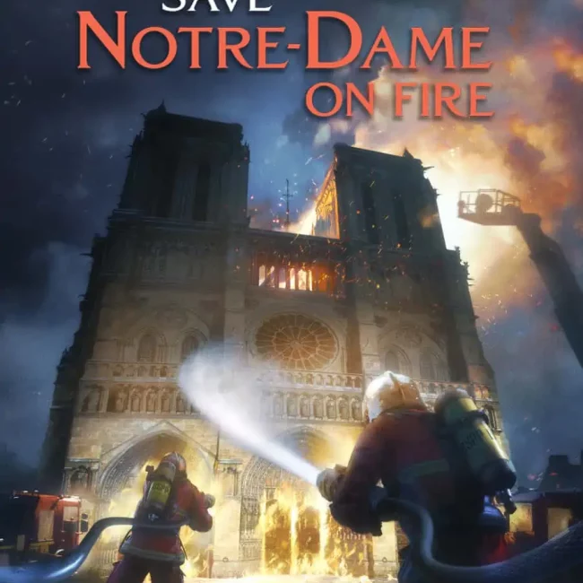 notre dame en feu avec des pompiers