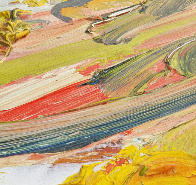 Texte alternatif : Peinture abstraite avec couleurs automnales chaudes, jaunes, rouges et bleues riches, inspirée par la nature et l'art moderne.